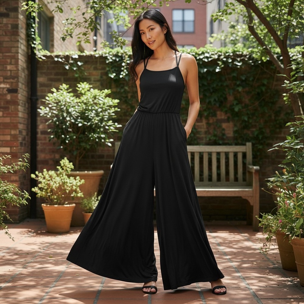 Womens Black Wide Leg Halter Jumpsuit Adjustable Straps Pockets Size S